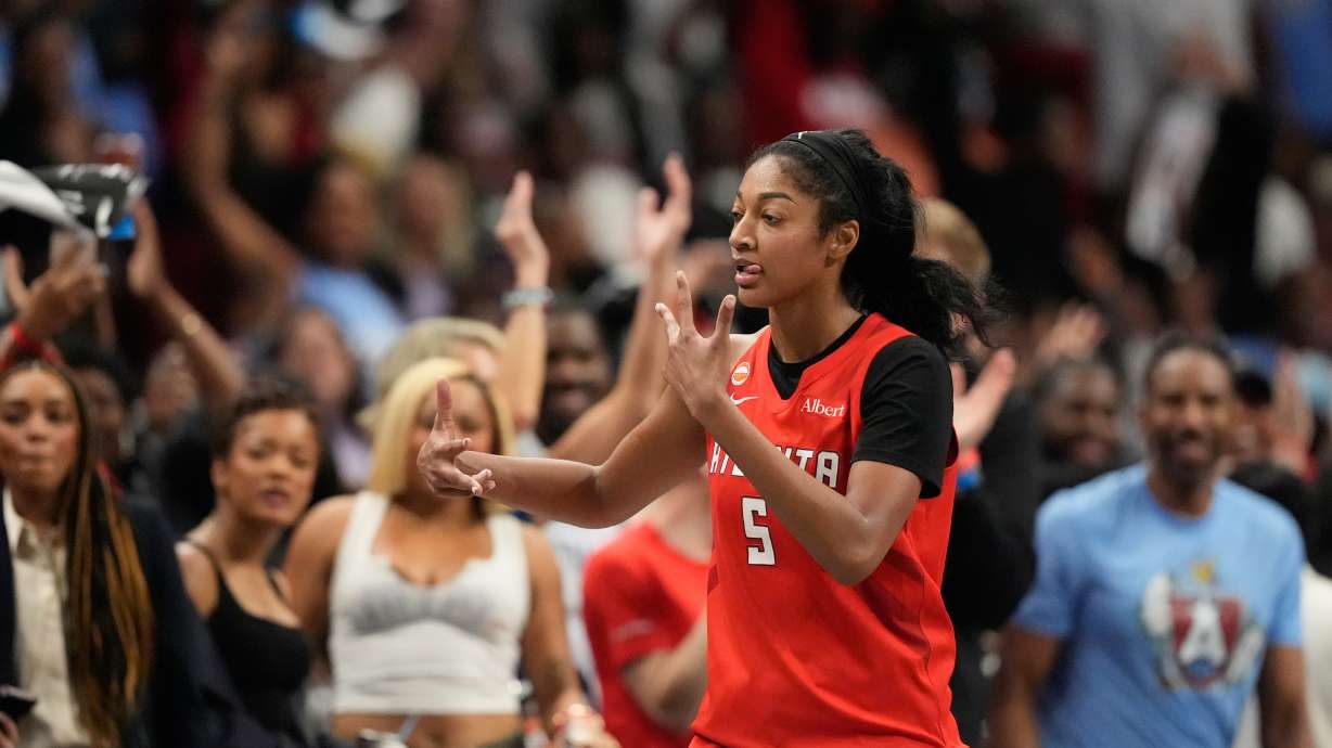 Atlanta Dream's Angel Reese reacts after scoring a three-pointer during the second half of Game 6 of the WNBA basketball finals against the Golden State Valkyries on Thursday, Oct. 29, 2026, in Atlanta.