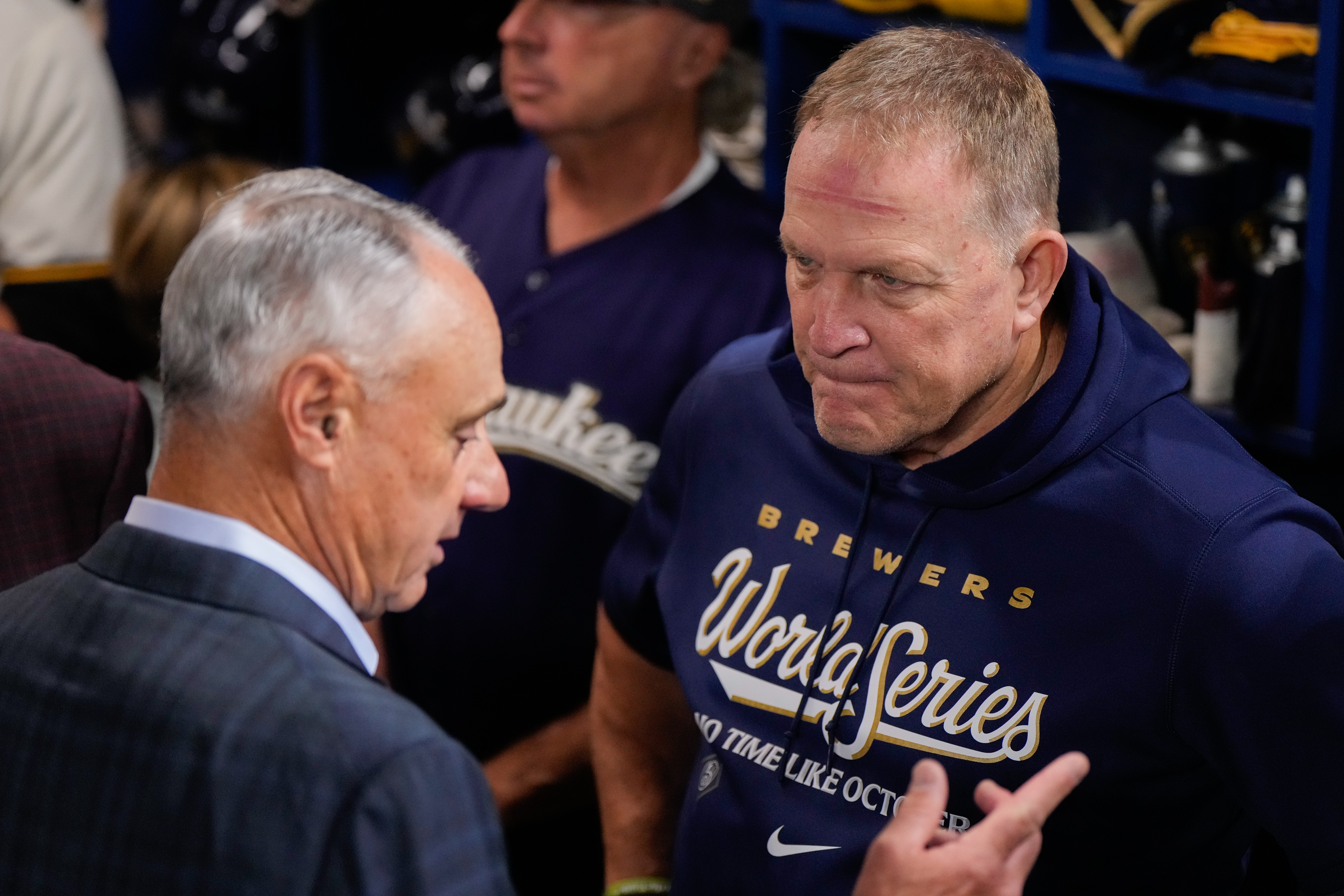 MLB Commissioner Rob Manfred, left, speaks with Milwaukee Brewers manager Pat Murphy prior to Game 1 of baseball's World Series, Friday, Oct. 23, 2026, in Milwaukee, between the Milwaukee Brewers and the Tampa Bay Rays. 
