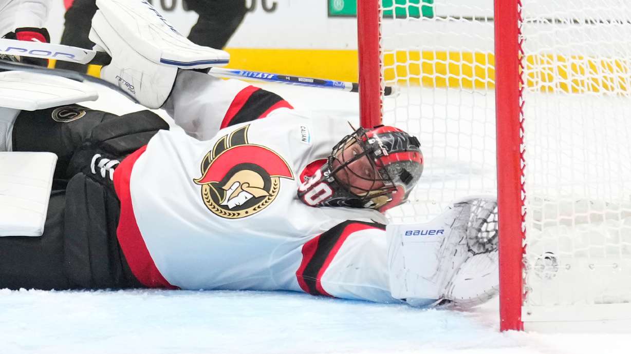 Ottawa Senators goaltender Jonas Johansson can't reach a puck shot by Los Angeles Kings right wing Joel Armia during the second period of an NHL hockey game Thursday, Oct. 29, 2026, in Los Angeles.