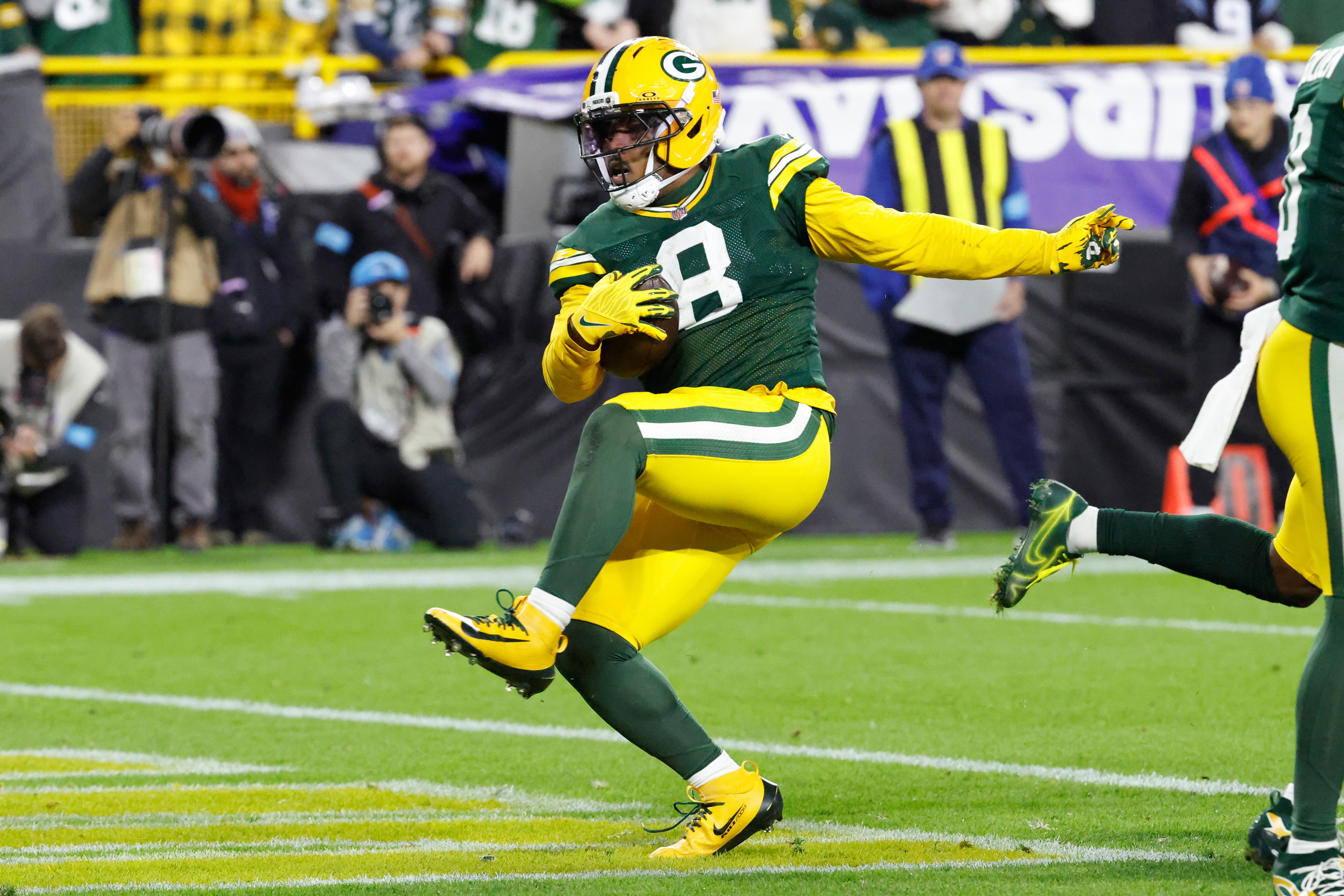 Green Bay Packers running back Josh Jacobs rushes for a touchdown during the first half of an NFL football game against the Carolina Panthers in Green Bay, Wis., Thursday, Oct. 29, 2026. 