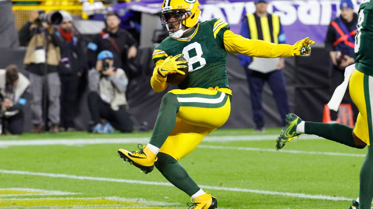 Green Bay Packers running back Josh Jacobs rushes for a touchdown during the first half of an NFL football game against the Carolina Panthers in Green Bay, Wis., Thursday, Oct. 29, 2026.