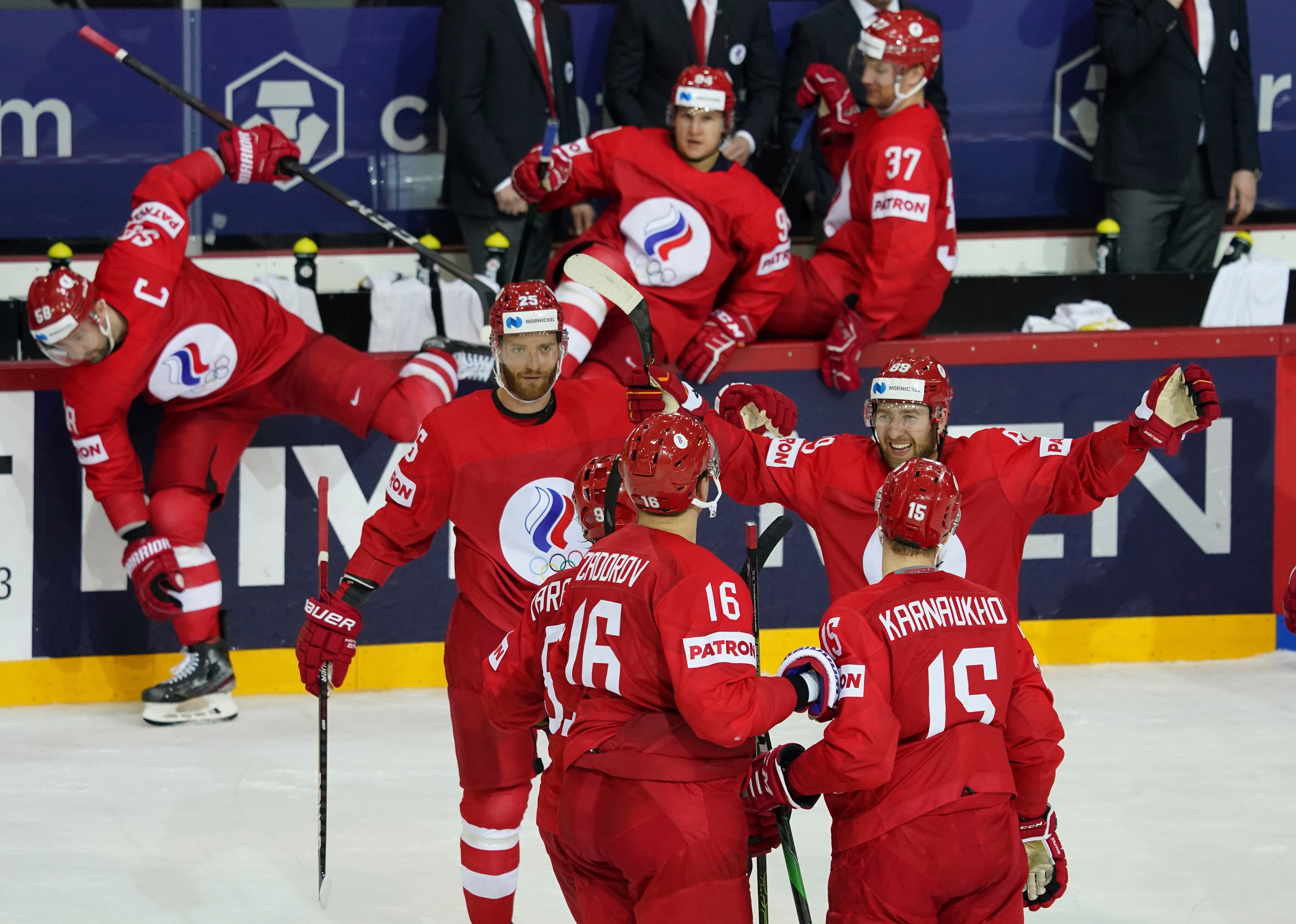 FILE - Russia players celebrate during the Ice Hockey World Championship group A match between the Russia and Sweden in Riga, Latvia, May 31, 2021. 