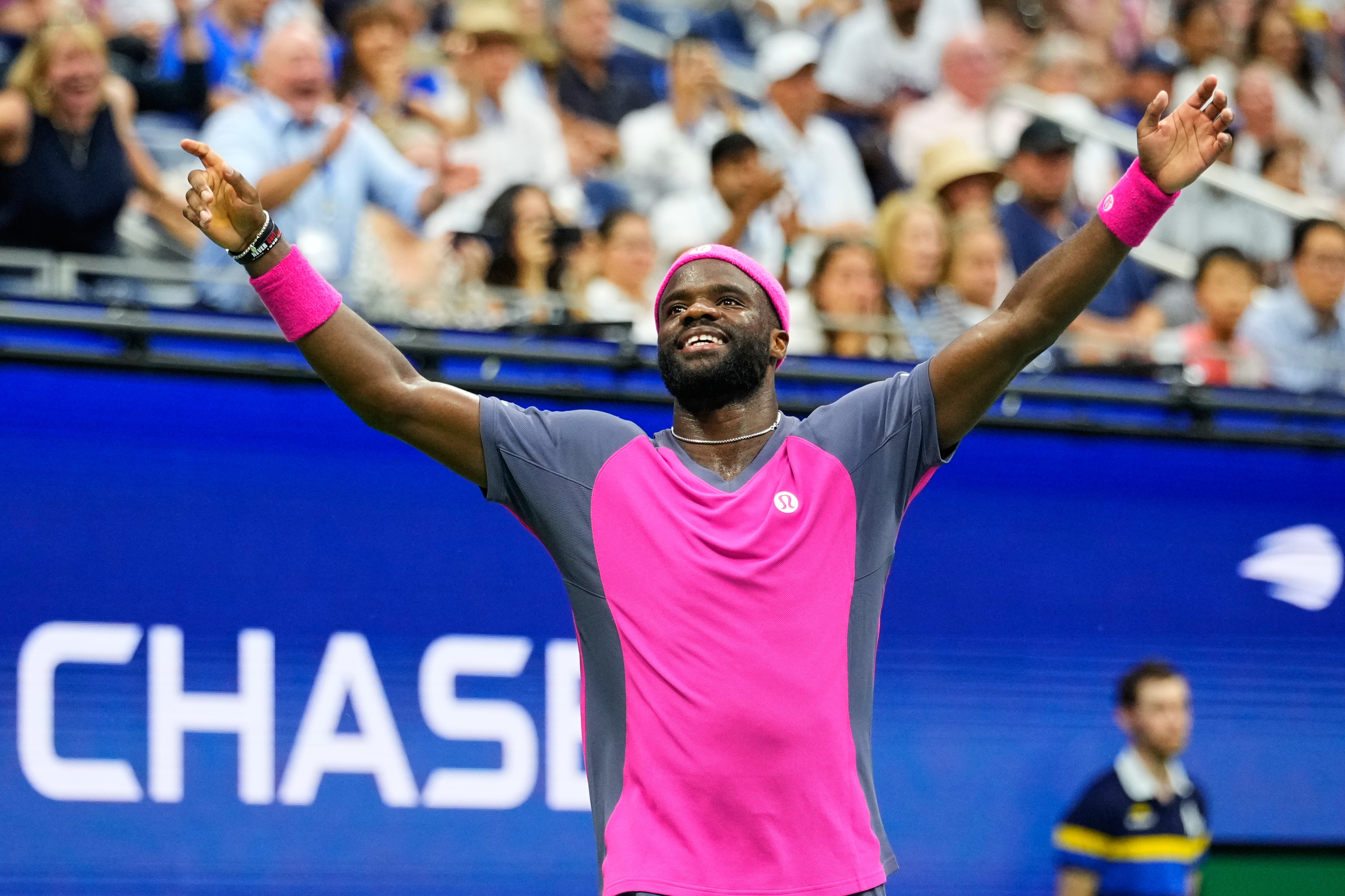 FILE - Frances Tiafoe, of the United States, celebrates winning a match against Alex Michelsen, of the United States, during the quarterfinal round of the U.S. Open tennis championships, Tuesday, Sept. 8, 2026, in New York. 