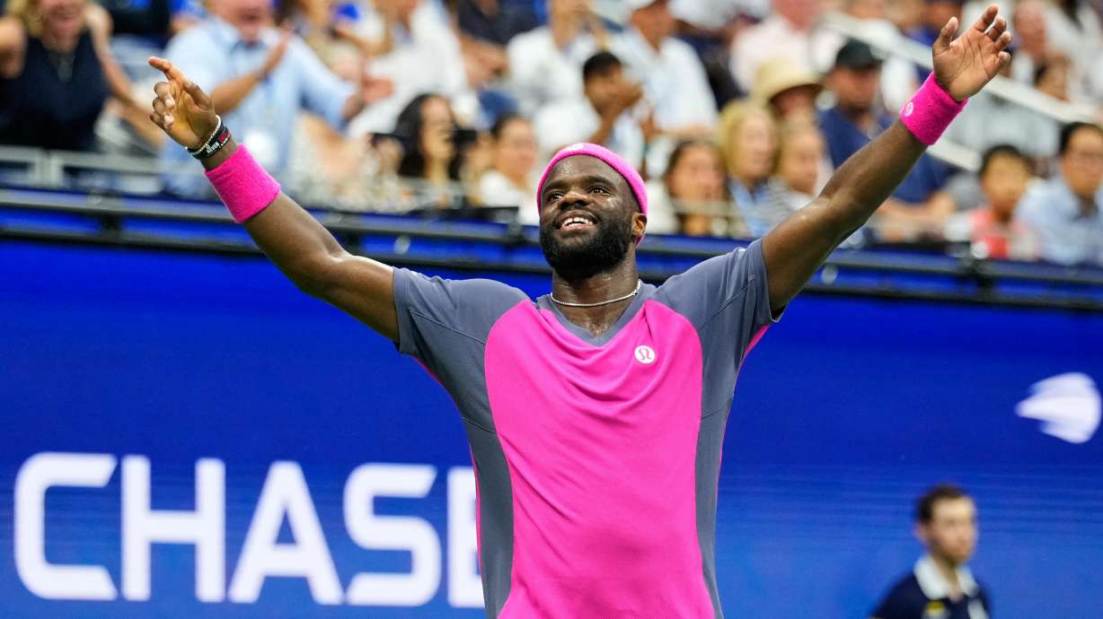 FILE - Frances Tiafoe, of the United States, celebrates winning a match against Alex Michelsen, of the United States, during the quarterfinal round of the U.S. Open tennis championships, Tuesday, Sept. 8, 2026, in New York.
