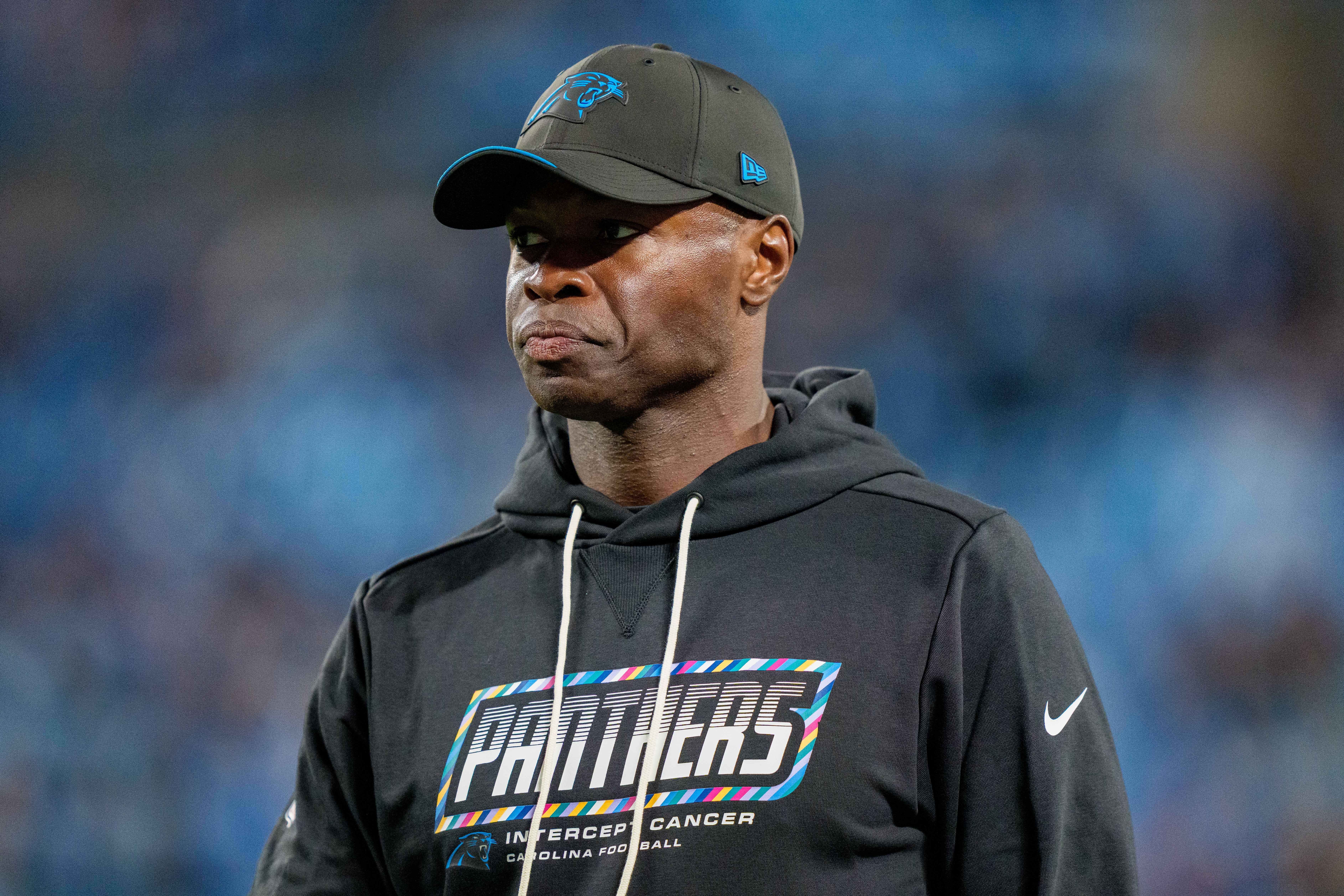 FILE - Carolina Panthers defensive coordinator Ejiro Evero looks on during an NFL football game between the Carolina Panthers and the Detroit Lions on Sunday, Oct. 4, 2026, in Charlotte, N.C. 
