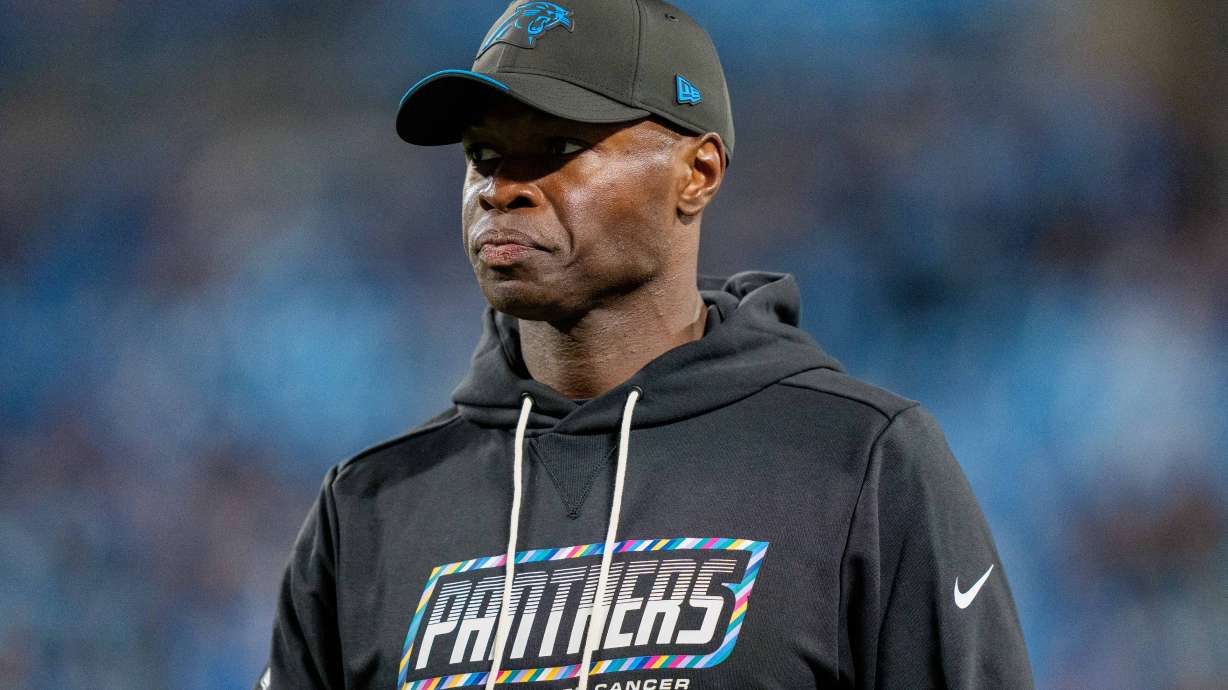 FILE - Carolina Panthers defensive coordinator Ejiro Evero looks on during an NFL football game between the Carolina Panthers and the Detroit Lions on Sunday, Oct. 4, 2026, in Charlotte, N.C.