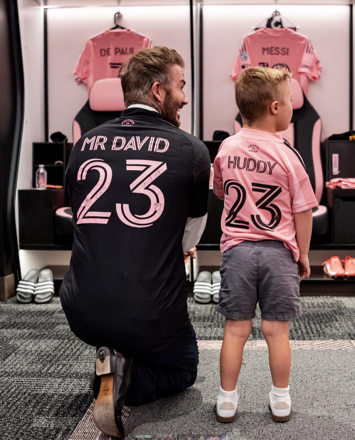 David Beckham and Huddy Droubay wear Inter Miami jerseys prior to the game Wednesday. Huddy is a 5-year-old with Down syndrome from Syracuse, and was invited to the game where he also got to walk Lionel Messi onto the field.