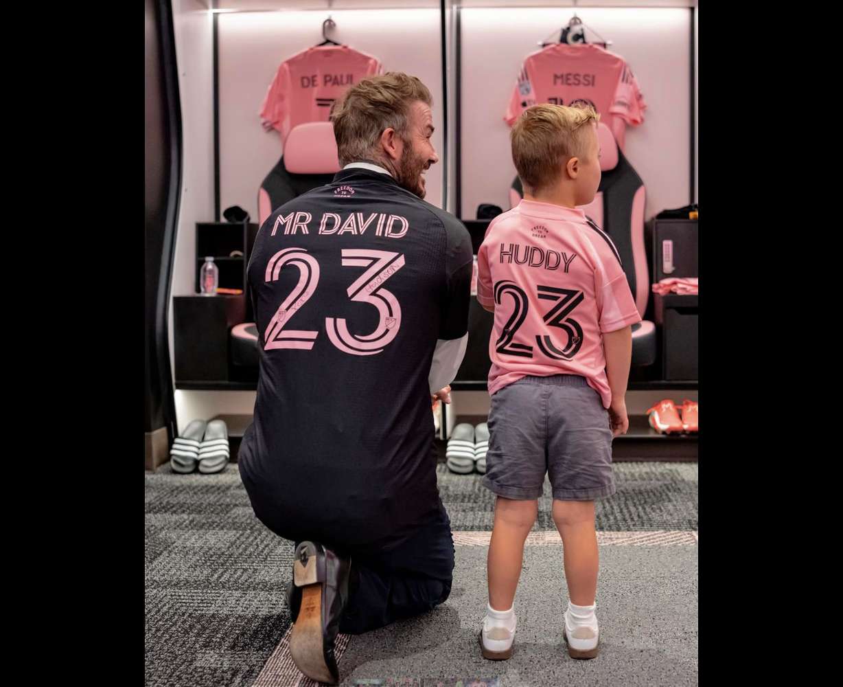 David Beckham and Huddy Droubay wear Inter Miami jerseys prior to the game Wednesday. Huddy is a 5-year-old with Down syndrome from Syracuse, and was invited to the game where he also got to walk Lionel Messi onto the field.