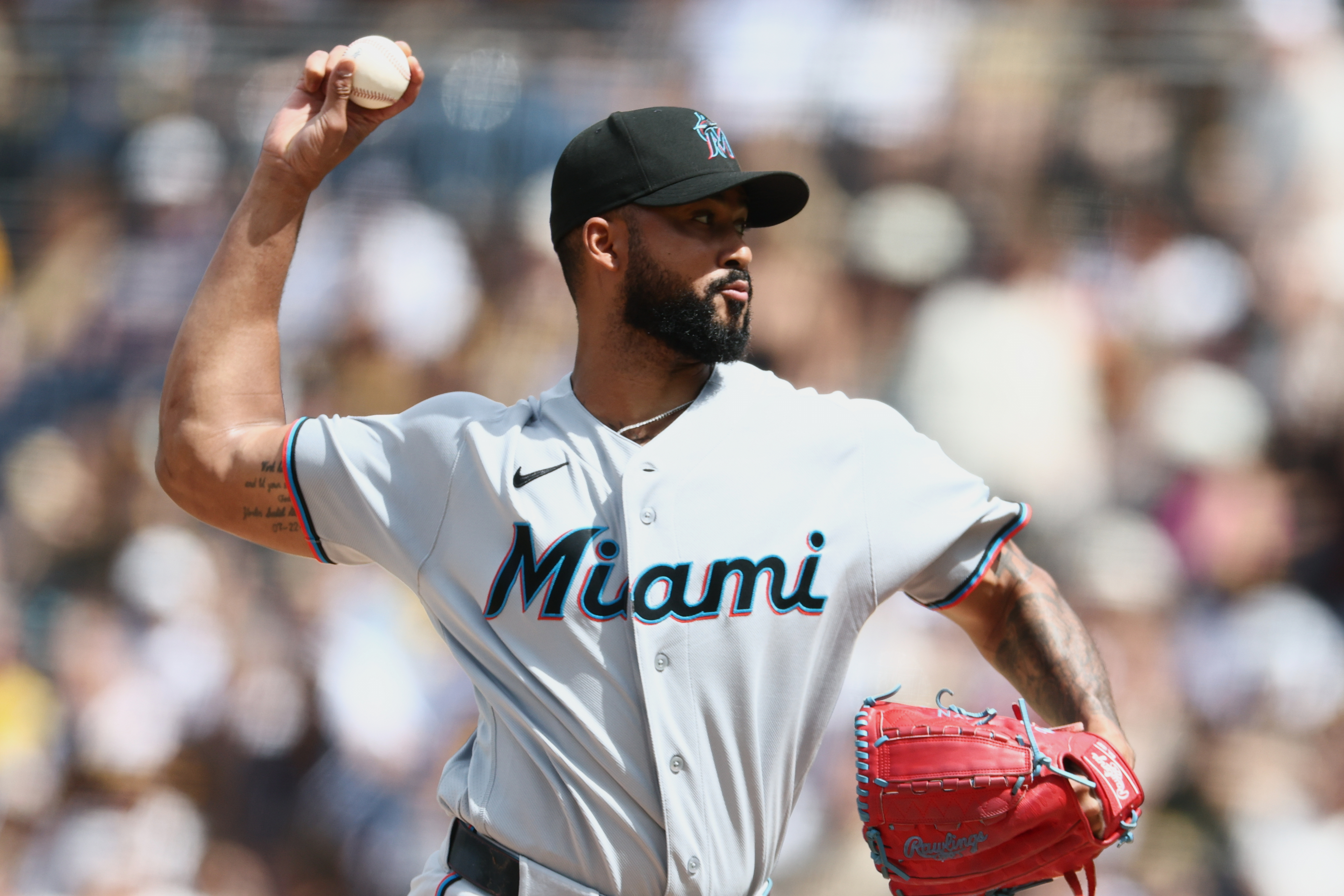 FILE - Miami Marlins starting pitcher Sandy Alcantara works against a San Diego Padres batter in the first inning of a baseball game Sept. 20, 2026, in San Diego. 
