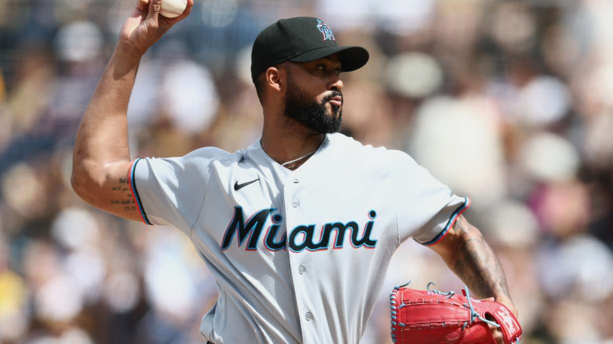 FILE - Miami Marlins starting pitcher Sandy Alcantara works against a San Diego Padres batter in the first inning of a baseball game Sept. 20, 2026, in San Diego.