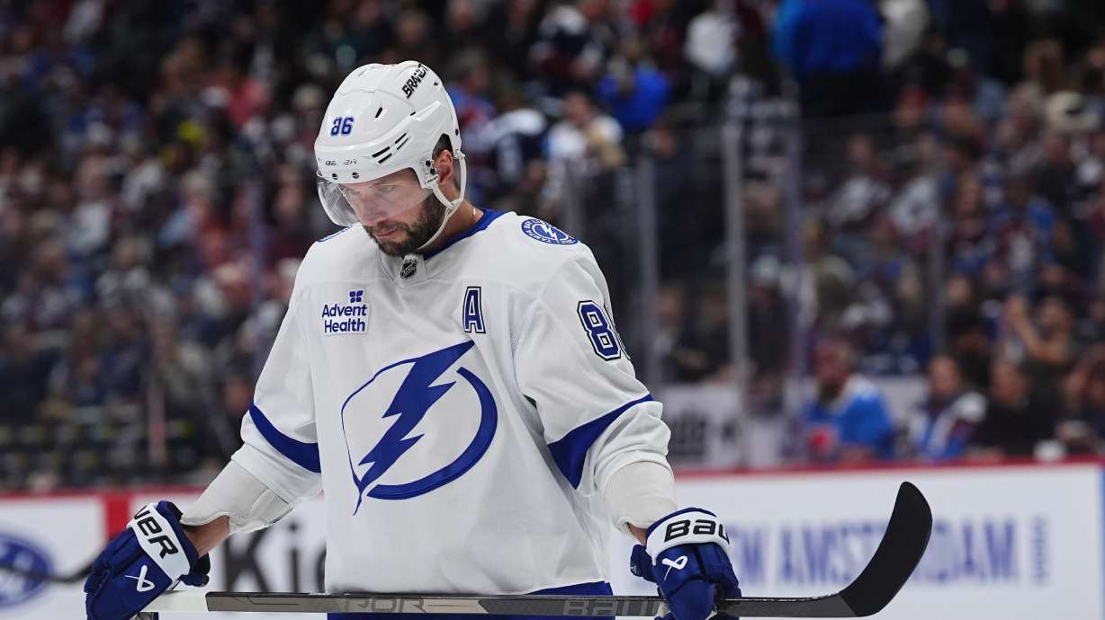 Tampa Bay Lightning right wing Nikita Kucherov waits for a face-off in the first period of an NHL hockey game against the Colorado Avalanche, Friday, Oct. 23, 2026, in Denver.