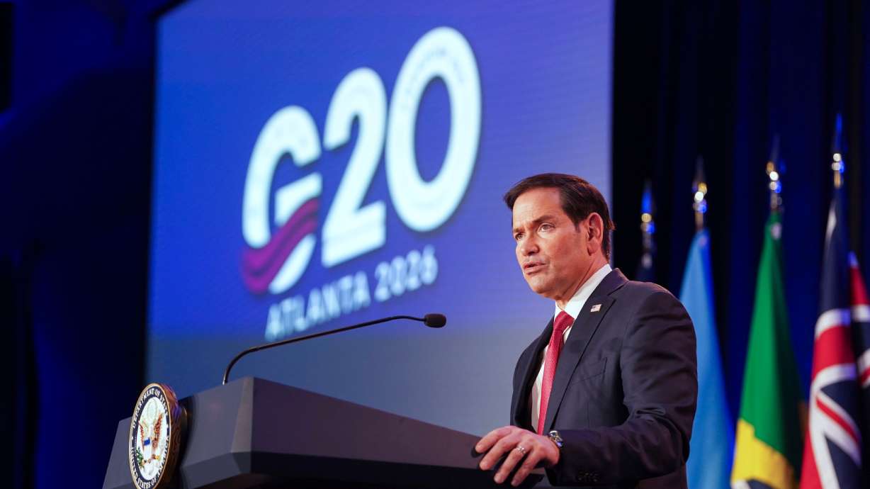 Secretary of State Marco Rubio speaks during the G20 Foreign Ministers Meeting Welcome Reception at the Georgia Aquarium in Atlanta, Friday.