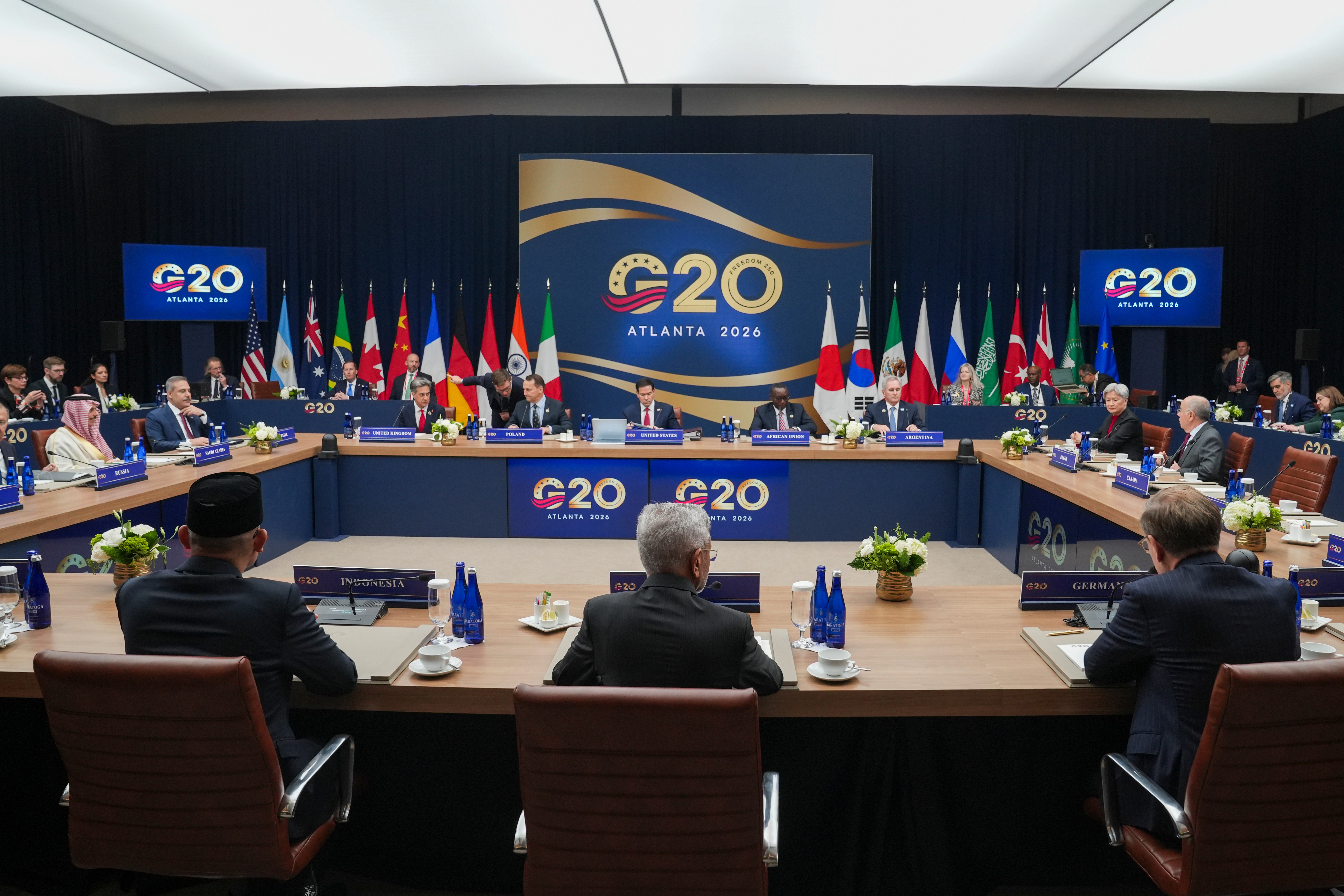 Saudi Arabia's Foreign Minister Faisal bin Farhan, Turkey's Foreign Minister Hakan Fidan, Britain's Foreign Secretary Ed Miliband, Poland's Foreign Minister Radoslaw Sikorski, Secretary of State Marco Rubio, Chair of the African Union Executive Council Edouard Bizimana and others attend the G20 Foreign Ministers Meeting in Atlanta, Friday, Oct. 30, 2026. 