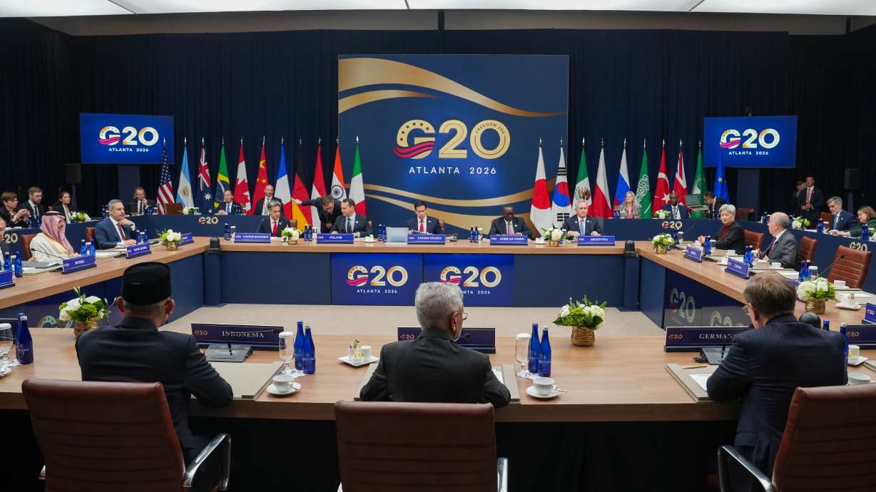 Saudi Arabia's Foreign Minister Faisal bin Farhan, Turkey's Foreign Minister Hakan Fidan, Britain's Foreign Secretary Ed Miliband, Poland's Foreign Minister Radoslaw Sikorski, Secretary of State Marco Rubio, Chair of the African Union Executive Council Edouard Bizimana and others attend the G20 Foreign Ministers Meeting in Atlanta, Friday, Oct. 30, 2026.