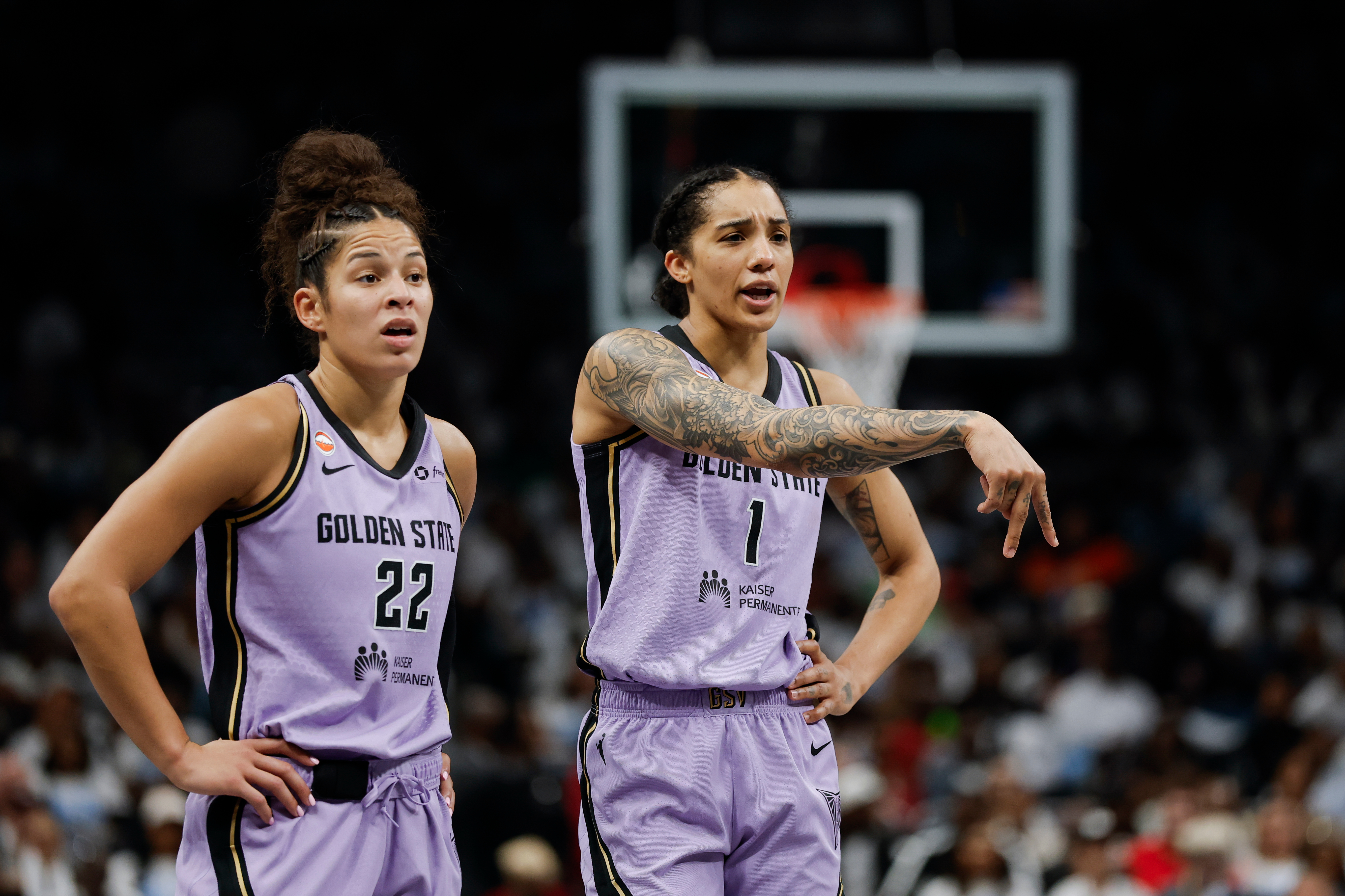 Golden State Valkyries forward Gabby Williams (1) gestures next to guard Veronica Burton during the first half of Game 4 of the WNBA Finals against the Atlanta Dream at State Farm Arena, Saturday, Oct. 24, 2026, in Atlanta. 