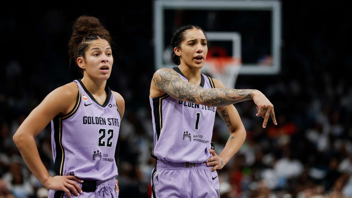 Golden State Valkyries forward Gabby Williams (1) gestures next to guard Veronica Burton during the first half of Game 4 of the WNBA Finals against the Atlanta Dream at State Farm Arena, Saturday, Oct. 24, 2026, in Atlanta.