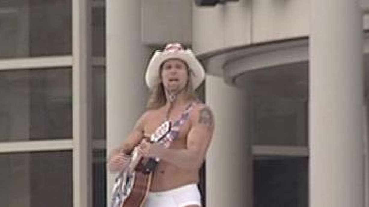 The Naked Cowboy hits the streets of Salt Lake City