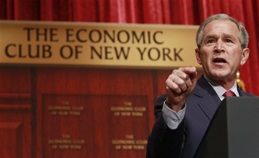 President Bush gestures while speaking about the economy during an address before The Economic Club of New York, Friday, March 14, 2008, in New York. (AP Photo/Charles Dharapak)