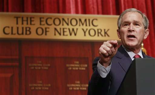 President Bush gestures while speaking about the economy during an address before The Economic Club of New York, Friday, March 14, 2008, in New York. (AP Photo/Charles Dharapak)