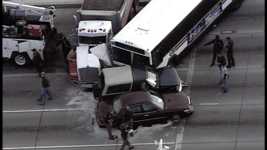 Dump Truck Hits Bus and Two Cars