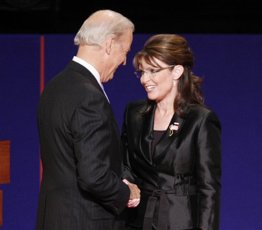 Democratic vice presidential candidate Sen. Joe Biden, D-Del., left, and Republican vice presidential candidate Alaska Gov. Sarah Palin shake hands after the vice presidential debate at Washington University in St. Louis, Thursday, Oct. 2, 2008. (AP Photo/Tom Gannam)