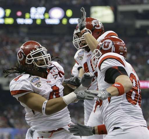 Utah players celebrate during their victory over Alabama in the Sugar Bowl.