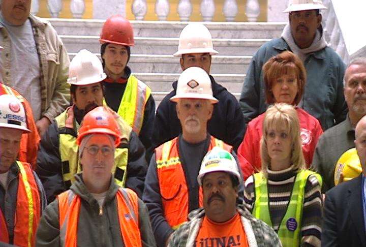 Construction workers gathered at the Utah State Capitol for the work zone safety press conference.