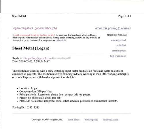 Example of fake job ad posted on Craigslist. Click on image to make larger.